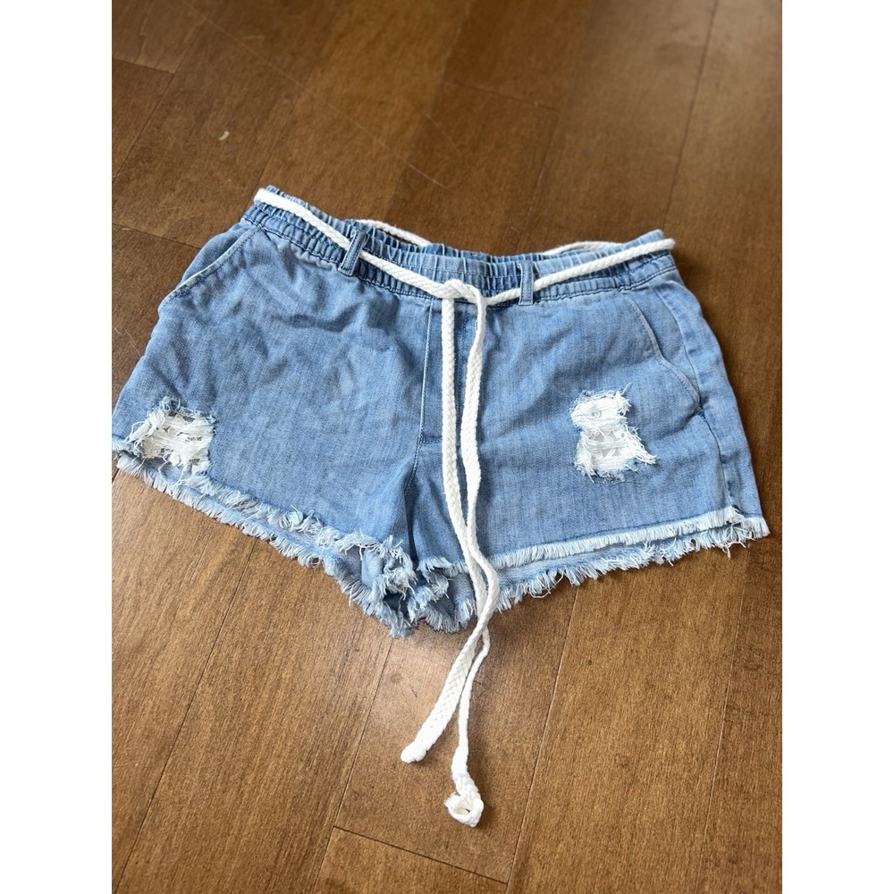 Aerie Denim Shorts Womens Medium Blue Jean Belted Cut Off Fray Hem Distressed